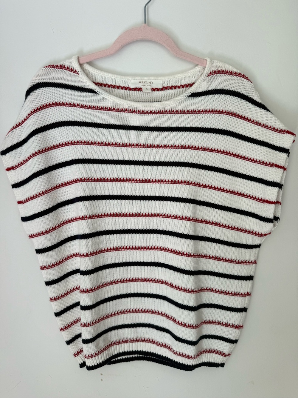 BRIT.NY Cotton Nautical Sweater Top L Red White Blue Striped Coastal Summer